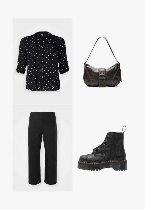 Vero Moda Curve VMBUMPY SHIRT NEW - Button-down blouse - black/white; Vero Moda Curve VMCAUGUSTA PANT - Trousers - black; Black leather ankle boot with textured surface, round toe, lace-up design, yellow stitching, and a thick, ridged black platform sole.; Brown leather shoulder bag with a curved shape, featuring a prominent buckle detail, contrasting stitching, and a single shoulder strap.