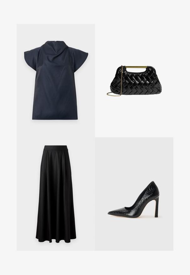 Haut bleu marine avec un col haut, des manches courtes évasées et un dos délicatement drapé. Tissu lisse avec un léger éclat et sans attaches visibles.; Jupe longue noire avec une texture lisse, une taille large et un design plissé, sans motifs ni embellissements visibles.; Escarpin noir à bout pointu avec texture en cuir de crocodile, présentant un design élégant, un haut talon aiguille et un intérieur noir lisse.; Sac à main en cuir tissé noir avec une poignée métallique dorée et une bandoulière en chaîne amovible. Présente une finition brillante et une forme douce et arrondie.