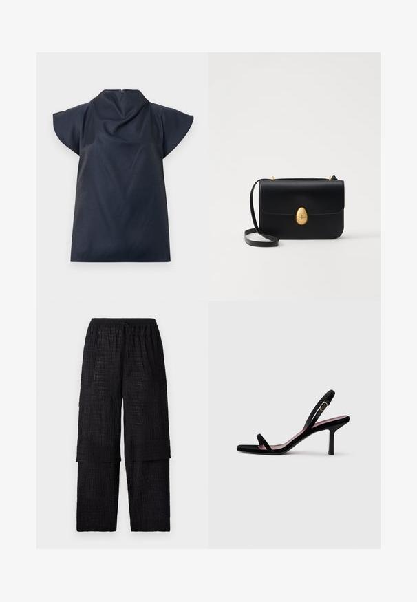 Top blu navy con collo alto, maniche corte a volant e schiena morbida drappeggiata. Tessuto liscio con lieve lucentezza e senza chiusure visibili.; Henrik Vibskov SHANTS PANTS - Pantaloni - black; Sandalete da donna nera in suede con tacco alto, dotata di cinghie sottili e una fibbia dorata su uno sfondo bianco, vista laterale.; Borsa a tracolla in pelle nera con forma rettangolare strutturata. Presenta una chiusura ovale dorata e una sottile tracolla. Texture liscia.