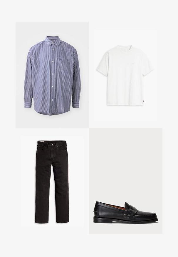 Gestreept overhemd in marineblauw en wit. Bevat een kraag, lange mouwen, een borstzak en een gebogen zoom. Classic fit met structuurstof.; Witte katoenen T-shirt met korte mouwen, ronde hals en subtiele Levi's logo gedrukt in het midden. Zachte textuur en standaard pasvorm.; Zwarte recht gesneden denim jeans met vijf zakken, knoopsluiting en riemlussen, plat gelegd op een witte achtergrond.; Zwarte leren instapper met een ronde neus, gestikte details en een decoratieve band aan de voorkant. Platte zool met een minimaal profiel.
