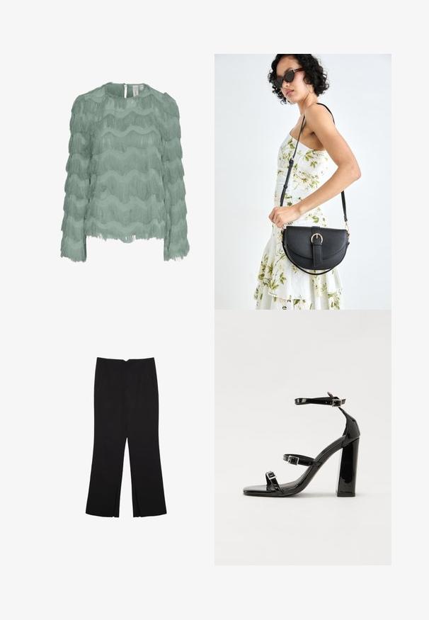 Mintgrøn langærmet bluse med lagdelt horisontal frynse-design, struktureret stof, rund halsudskæring og knaplukning i ryggen.; Sorte bukser med lige pasform, der har frontlommer og slidser i kanten. Lavet af blødt, glat stof. Velegnet til forskellige anledninger.; Sorte patenterede hælsandaler med firkantet tå, ankelremme og sølvspænder. Har en chunky blokHæl for stabilitet.; Sort læderhåndtaske med en buet form, aftagelig rem og guldfinish. Tasken har en klap med en spænde detalje.