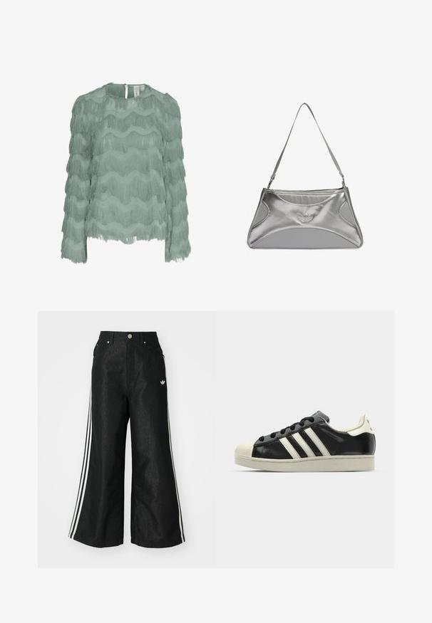 Mints zaļš garām piedurknēm blūze ar slāņotu horizontālu frizi, teksturētu audumu, apaļu kakla izgriezumu un pogu aizdari aizmugurē.; Melni platās kājas džinsi ar trim baltām svītrām katrā pusē un mazu baltu logotipu. Iezīmē priekšējos kabatas un pogu aizdari.; Melna ādas sporta apava ar baltām svītrām, gumijas purngala aizsardzību, melnām auklām un krēma krāsas zoli. Gluda tekstūra ar spīdīgu apdari.; Sudrabaini metāla rokassoma ar elegantu, strukturētu dizainu, kas īpaši izceļas ar teksturētu virsmu, plecu siksnu un izreljefu logo akcentu.
