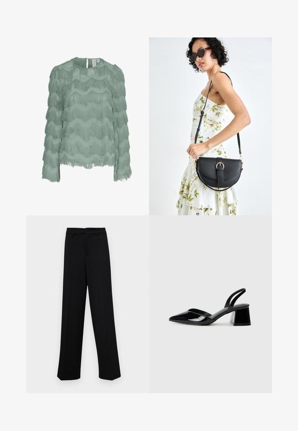 Mintgrünes Langarmbluse mit gestuften horizontalen Fransen, strukturierter Stoff, runder Ausschnitt und Knopfverschluss am Rücken.; Schwarze, weit geschnittene Hosen aus glattem Stoff, mit einem klassischen Taillenbund und einem Knopfverschluss sowie vorderen Falten.; Schwarze Lackleder-Slingback-High Heels mit spitzem Schuh und einem geometrischen Blockabsatz. Verfügt über ein schlankes, minimalistisches Design und eine glatte Textur.; Schwarze Lederhandtasche mit geschwungener Form, abnehmbarem Tragegurt und goldenen Beschlägen. Die Tasche verfügt über einen Deckel mit einer Schnallen-Details.