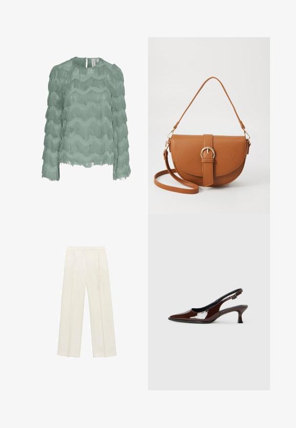 Bluză mint verde cu mânecă lungă, având un design cu franjuri orizontali stratificați, țesătură texturată, decolteu rotund și închidere cu nasturi la spate.; Pantaloni cu picioare largi, de culoare crem deschis. Realizați dintr-un material neted, cu plisuri în față și buzunare laterale.; Pantofii slingback din piele patent maro, cu vârful ascuțit și un toc moderat. Prezintă o curea cu prindere pentru o potrivire sigură. Textură netedă.; Geantă din piele maro, tip crossbody, cu o formă curbată, accesorii aurii și un accent cu cataramă. Dispune de un curea de umăr detașabilă.