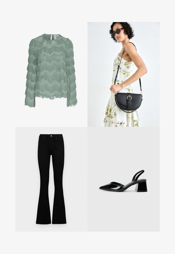 Blusa verde menta a maniche lunghe con design a frange orizzontali sovrapposte, tessuto testurizzato, scollatura rotonda e chiusura con bottone sul retro.; Jeans neri a vita alta con chiusura a bottoni e zip, tasche frontali e gambali svasati, distesi su uno sfondo bianco.; Décolleté in vernice nera con punta affusolata e tacco in geometria cubica. Presentano un design elegante e minimalista, con una texture liscia.; Borsa a tracolla nera in pelle con una forma curva, manico rimovibile e accessori dorati. La borsa presenta una patta con un dettaglio a fibbia.