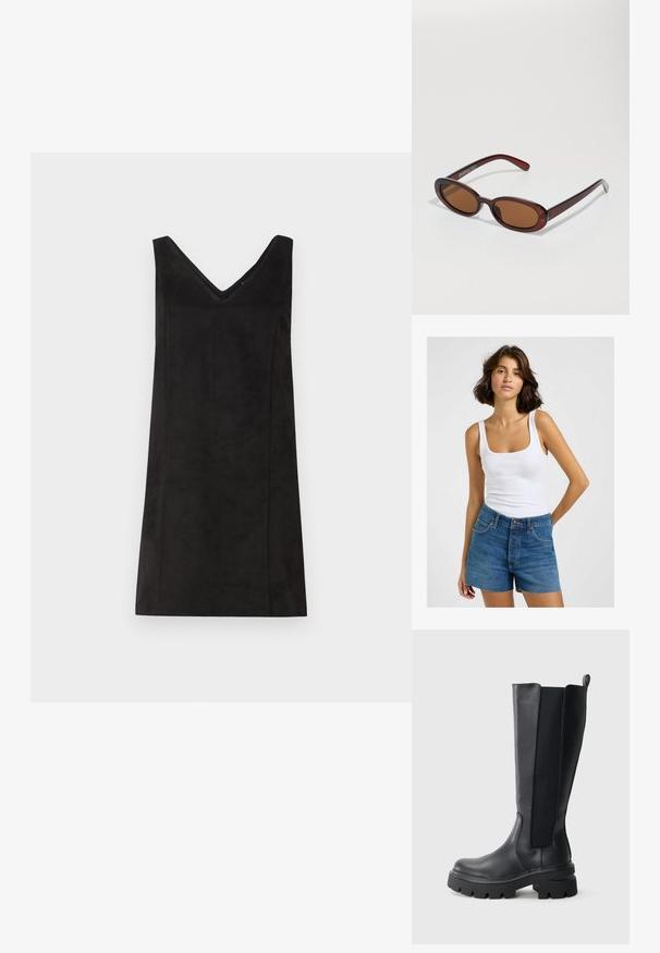 Witte geribbelde tanktop met vierkante halslijn, gecombineerd met high-waisted blauwe denim shorts met een rafelige zoom en traditionele vijfzakkenontwerp.; Zwart mouwloos jurkje met een V-hals, gemaakt van een zacht materiaal, met een rechte snit en minimale details. Soepele textuur.; Zwarte laarzen tot de knie met een gladde leren buitenkant en contrasterende elastische zijkanten. Stevige rubberen zool met een uitgesproken profiel.; Ronde, bruin getinte zonnebril met een glanzend bordeauxrood frame. Slanke pootjes met subtiele merkdetails. Vlakke lensontwerp.; Geweven bordeaux leren handtas met een ronde vorm, dikke handgreep en ritssluiting. Heeft een gladde textuur en een geweven patroon.