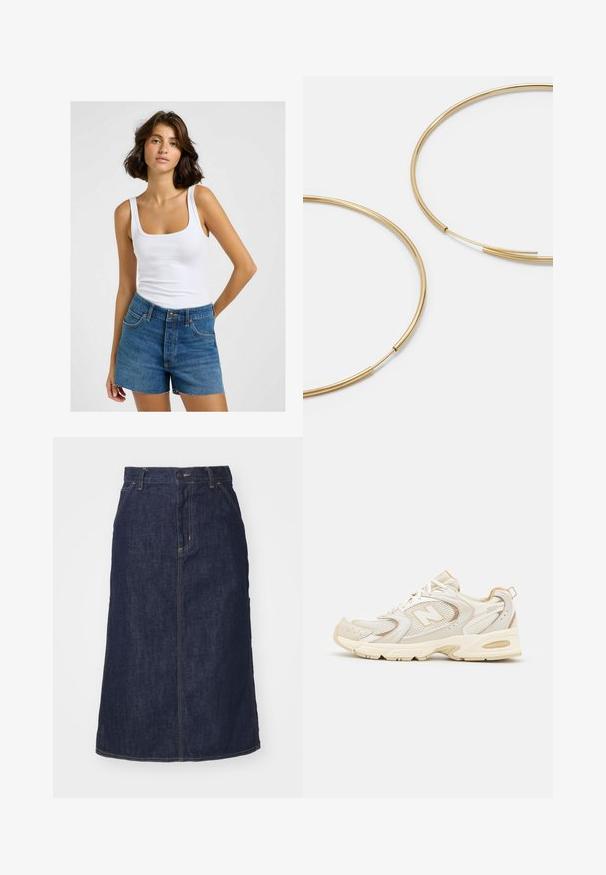 Top in cotone bianco a costine con scollo quadrato, abbinato a pantaloni corti in denim blu a vita alta con orlo sfrangiato e tradizionale design a cinque tasche.; Gonna di jeans scuro con vita alta, taglio dritto, tasche frontali e cuciture a vista. Presenta una chiusura con zip e bottone in vita.; Scarpe sportive beige con sovrapposizioni in mesh e materiale sintetico, dotate di una superficie testurizzata, colletto imbottito e ammortizzazione "ABZORB" nel tallone.; Orecchini a cerchio color oro, sottili e rotondi, con una finitura metallica liscia e senza decorazioni o motivi.
