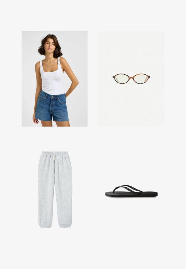 Hvid ribbet tanktop med firkantet udskæring, parret med højtaljede blå denimshorts med frynset kant og traditionelt fem-lommet design.; Grå sweatpants lavet af blødt stof, med en elastisk talje med snor og elastiske manchetter ved anklerne.; Sorte flip-flop med en tekstureret gummisål, to slanke stropper og et subtilt, præget logodetalje på stroppen.; Skildpaddebriller med ovale linser og en elegant, glat finish. Har tynde sider med en subtil kurve ved tindingerne. Klare linser.