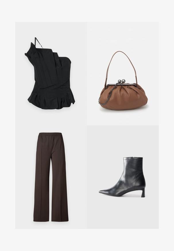 Črn strukturiran top z asimetričnim oblikovanjem, ki vključuje gube in razširjen rob. Narejen je iz gladkega materiala z enim naramnicom.; Hlače širokih nogavica iz temno rjave tkanine z elastičnim pasom, ki se ponašajo z gladko teksturo in čistimi linijami za elegantno podobo.; Črne usnjene gležnjarje s šiljastim nosom in elegantnim dizajnom. Imajo nizko peto in zadrgo na zadnji strani. Gladka tekstura.; Rjava usnjena torbica z gubanjem, kratkim usnjenim ročajem in verižnim trakom. Ima srebrno kovinsko zaponko z dvema okroglima okrasoma.