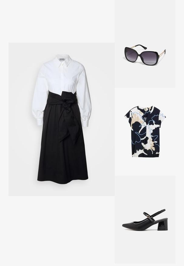 Majica kratkih rukava u tamnoplavoj, bijeloj i bež boji s apstraktnim cvjetnim uzorkom. Ima V-izrez i lagano naboranu donju ivicu.; Bijela košulja dugih nabranih rukava, uparena s crnom suknjom i pamučnim remenom zavezanom u struku, izrađena od glatkog pamučnog materijala.; Crne lakirane slingback visoke potpetice s šiljastim vrhom, zaobljenim izrezom i blok potpeticom. Sadrži akcent zlatnog tona s kopčom.; Crne prevelike sunčane naočale s gradijentnim lećama, debelim okvirom i zlatnim lancem kao detaljem na krakovima.; Crna torba od sintetičkog materijala, s jednostavnim pravokutnim dizajnom, zlatnim kvadratnim detaljima i dvostrukim ručkama.