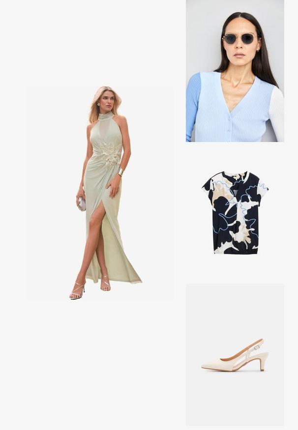 Lühikeste varukatega topp tumesinisest, valgest ja beežist, millel on abstraktne lillemuster. Omab v-kaelust ja kerget kogumist allääres.; Müntz roheline kaelaõhuke kleit, millel on võrgusilma detailid, kaunistatud lillemuster, kõrge lõhik ja voolav kangas, koos hõbedaste aksessuaaridega.; Valge slingback konts, terava ninaga, siledast ülemisest materjalist, madala ploki kontsaga ja külgse nähtavusega ning reguleeritava pandla rihmaga.; Ringikujulised prillid tumedate läätsede ja kullast raamiga. Mudel on selga pannud helesinise soonikuga kardigani, millel on nupud ja kontrastsed valged varrukad.; Kreemist nahast kott poolkuu kujuga, kullast riistvara, mustad aktsendid ja eemaldatav rihm. Omab kettidekoori ja sildiga.