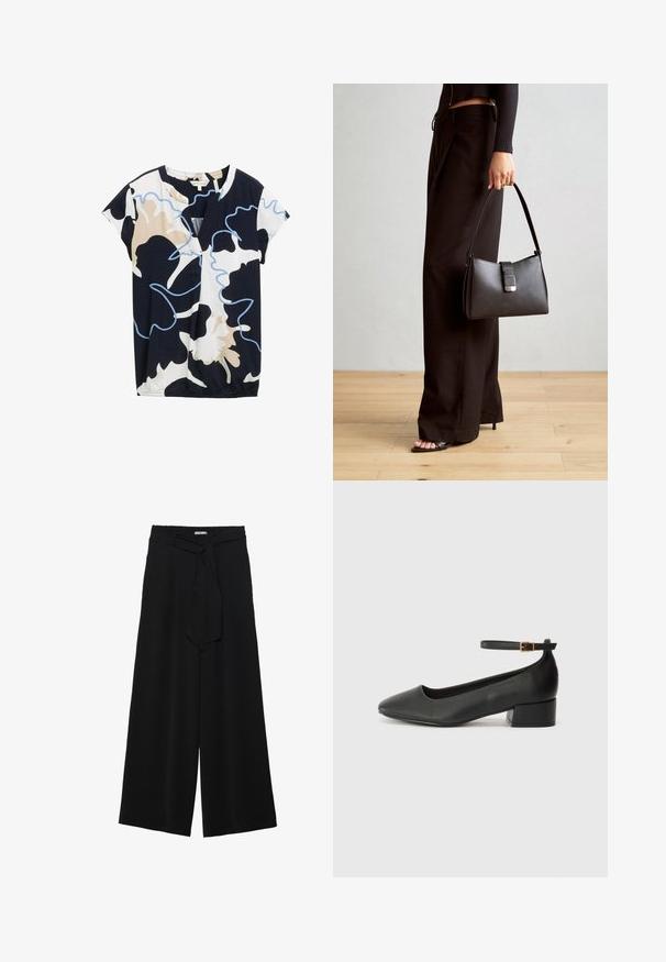 Top a maniche corte navy, bianco e beige con un motivo floreale astratto. Presenta un scollo a V e una leggera arricciatura all'orlo.; Pantaloni neri a gamba larga caratterizzati da un tessuto testurizzato, una vita elastica e una cintura staccabile per una vestibilità regolabile.; Pump in pelle nera con punta affusolata e tacco basso a blocco. Presenta una cinghia alla caviglia con una fibbia in tonalità oro. Texture liscia.; Borsa nera con forma strutturata, texture liscia e una chiusura metallica. Abbinata a pantaloni neri larghi e sandali open-toe su un pavimento in legno.