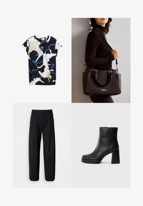 Topy s krátkým rukávem v námořnické modré, bílé a béžové barvě s abstraktním květinovým potiskem. Má výstřih do V a mírné nabrání na lemu.; Černé kalhoty s volným střihem, sklady vpředu a poutky na opasek. Hladká tkanina a rovné nohavice, obsahující boční kapsy.; Černý kožený kotníkový bot s blokovým podpatkem a platformou, viděný z boku na jednoduchém bílém pozadí.; Černá kabelka s texturovaným povrchem, dvojitými horními uchy a nastavitelným ramenním popruhem. Obsahuje zlaté kovové prvky a boční kapsy.