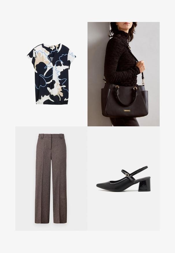 Bluză cu mânecă scurtă în nuanțe de bleumarin, alb și bej, cu un model floral abstract. Dispune de un decolteu în formă de V și o ușoară adunare la tiv.; Pantaloni largi maro, confecționați dintr-un material texturat. Au două buzunare frontale și o croială adaptată, cu două butoane la talie.; Cizme cu toc slingback din piele sintetică lacuită neagră, cu vârful ascuțit, un design cu decupaj rotunjit și toc bloc. Include un accent cu cataramă de culoare aurie.; Geantă de umăr neagră cu suprafață texturată, cu două mânere superioare și curea de umăr ajustabilă. Dispune de accesorii metalice de culoare aurie și buzunare laterale.