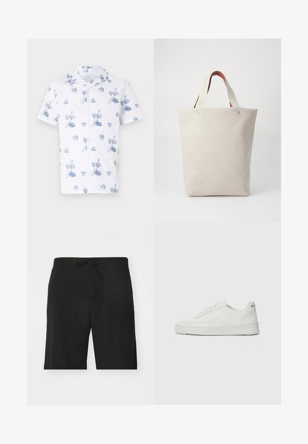 Short-sleeve shirt in white fabric with a blue floral pattern, featuring a collared neckline and button closure. Lightweight and breathable texture.; Black linen shorts with a drawstring waist, featuring a relaxed fit and knee-length design. Smooth texture, simple and classic style.; White leather sneaker with a smooth finish, round toe, flat laces, and a textured sole. Features a subtle logo on the heel.; Tote bag in light beige fabric with a textured finish, featuring two contrasting brown leather handles and metal accents at the top.