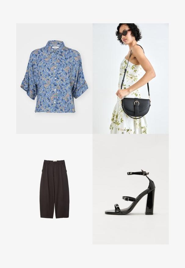 Ljusblå kortärmad skjorta med paisley- och blommönster, med knappstängning fram och en avslappnad passform. Mjuk, lätt tyg.; Svarta vida byxor i ett mjukt tyg, med hög midja, framfickor och sidofickor. Enkel design utan utsmyckningar.; Svarta lackerade klacksandaler med fyrkantig tå, ankelremmar och silverfärgade spännen. Har en kraftig blockklack för stabilitet.; Svart läderhandväska med en böjd form, avtagbar rem och guldiga detaljer. Väskan har ett lock med en spänndetalj.