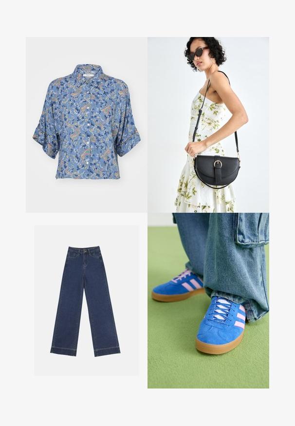 Gaiši zils īsām piedurknēm krekls ar paisleju un ziedu rakstu, ar pogājamām priekšējām daļām un brīvu piegriezumu. Mīksts, viegls audums.; Platās kājas džinsi tumši zilā denima krāsā. Iespējas: piecas kabatas, siksnu cilpas un neapstrādāta apakša ar redzamām šuvju detaļām.; Zilas zamšādas kurpes ar rozā svītrām un baltām šņorēm, aprīkotas ar gumijas zoli, kopā ar brīvām džinsu biksēm uz zaļas virsmas.; Melnas ādas rokassoma ar izliekta formu, noņemamu siksnu un zelta aksesuāriem. Somai ir vāciņš ar sprādzes detaļu.