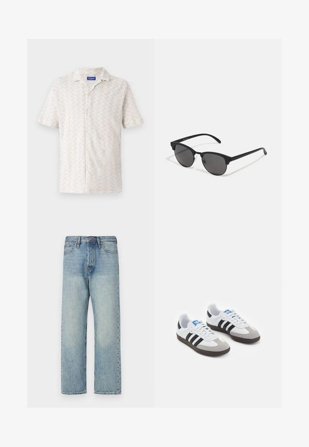 Camisa de botão de mangas curtas em cores claras, com um padrão em ziguezague, colarinho e cinco botões na frente. Feita de tecido respirável.; Jeans de denim azul claro com um design de perna reta, cinco bolsos e ferragens em bronze. Com pouca descoloração e um acabamento limpo.; Ténis desportivos com um cabedal em pele branca, biqueira em camurça cinza e três riscas pretas. Apresenta um logo azul na língua e uma sola de borracha texturizada.; Óculos de sol pretos com lentes redondas, acabamento mate e forma distinta de olho de gato. Braços finos com uma marcação subtil na têmpora esquerda.