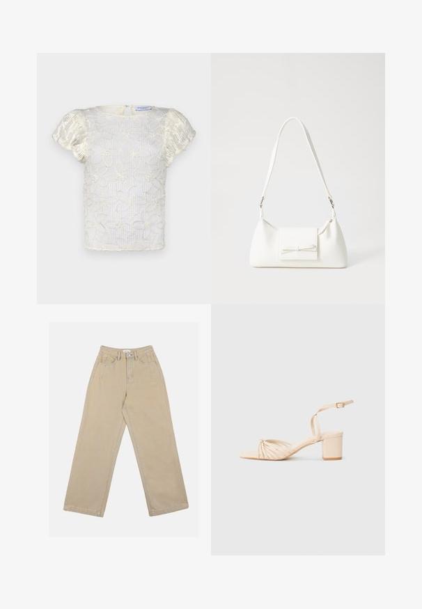 Hofmann Copenhagen CASSIA TOP - Blůza - creme; Beige kalhoty s širokými nohavicemi vyrobené z denimu, s vysokým páskem, předními kapsami a kontrastním prošíváním. Design zahrnuje zapínání na knoflík.; Beige sandál na podpatku s pásky, čtveratou špičkou, zkrouceným předním designem, anklet strap a blokovým podpatkem. Hladká textura, minimalistický styl.; Bílá syntetická kabelka v trojúhelníkovém tvaru, s plochým předním klopným víkem a detailem mašle, nastavitelným popruhem, hladkým povrchem a minimalistickým designem.