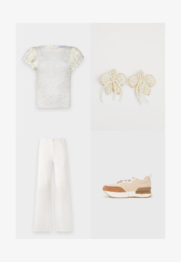 Hofmann Copenhagen CASSIA TOP - Bluză - creme; Jeans albe, cu talie înaltă și croială largă, realizate din denim. Dispun de închidere cu buton, două buzunare frontale și cusături detaliate pe laterale.; Tenis cu un brâu superior din țesătură bej, cu accente din piele întoarsă de culoare cafeniu, o talpă intermediară albă și o talpă din cauciuc cu un detaliu de branding.; Cercei cu flori din perlă, accentuați cu aur. Fiecare petală are mici perle rotunde dispuse într-un design floral, cu detalii de perle care se încadrează în formă de traiectorii.