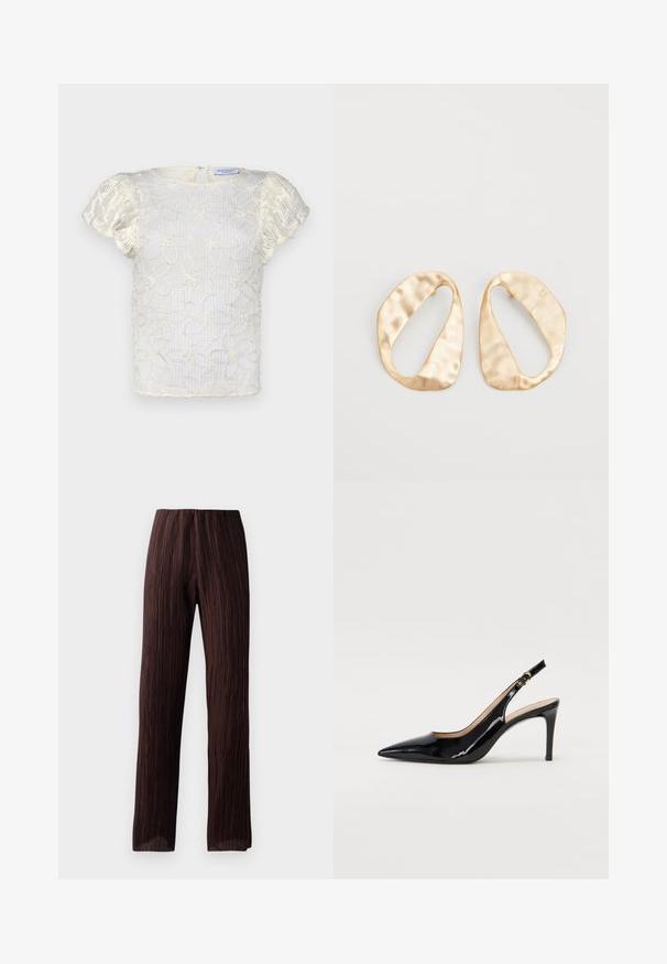Hofmann Copenhagen CASSIA TOP - Blouse - creme; Bruine wijde broek met geplooid design, hoge tailleband en een vloeiende uitstraling. Gemaakt van lichtgewicht stof. Geen zichtbare sluitingen.; Zwarte gepatineerde leren slingback pump met een puntige neus, slanke hak en een subtiel uitgesneden ontwerp. Bevat een gouden gesp op de band.; Een paar onregelmatig ovale, gouden metalen oorbellen met een gestructureerd, lichtgehamerd oppervlak op een witte achtergrond.