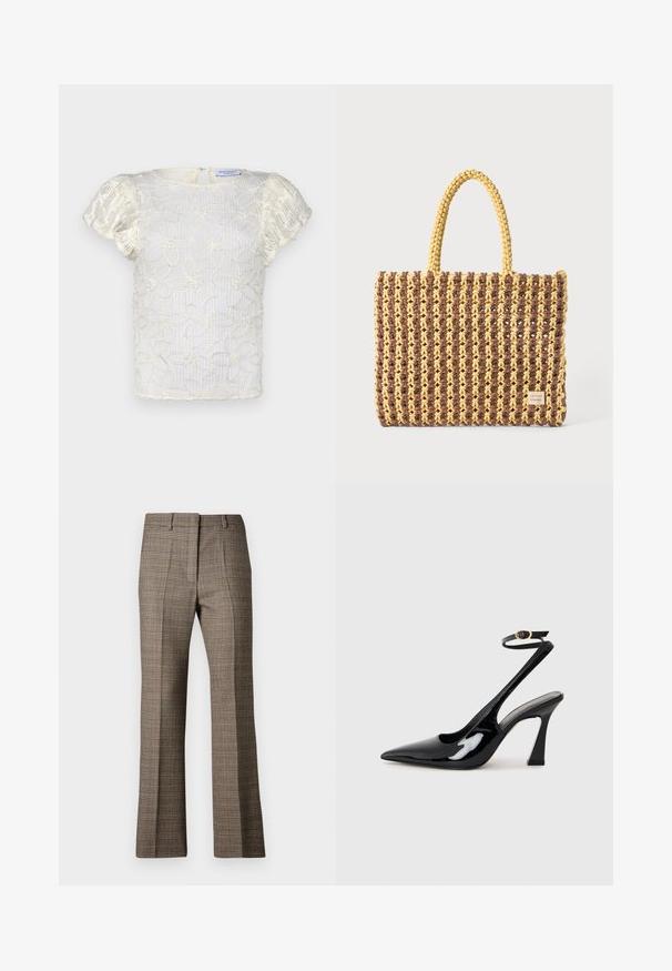 Hofmann Copenhagen CASSIA TOP - Blouse - creme; Brown plaid trousers with a straight leg cut, featuring a textured fabric and subtle colors of beige and darker browns throughout the pattern.; Black patent leather slingback high heels with a pointed toe, adjustable ankle strap, and a moderate block heel. Smooth texture with glossy finish.; Woven bag in brown and yellow, featuring a rectangular shape, two handle straps, and a textured finish with visible stitching and a brand tag.