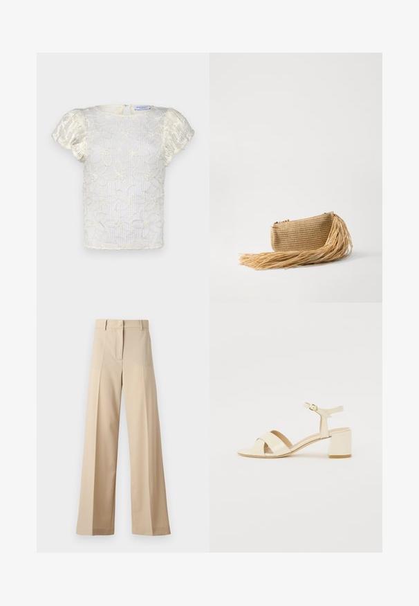 Hofmann Copenhagen CASSIA TOP - Blusa - creme; Pantalones de pierna ancha en beige, fabricados en un tejido suave, con un frente plano con pliegues, cremallera y presillas para cinturón. Ajuste entallado en general.; Sandalias de tacón de charol beige con diseño de tira cruzada, puntera abierta, correa ajustable en el tobillo y tacón cuadrado. Textura suave.; Cult Gaia VIERA - Clutch - natural