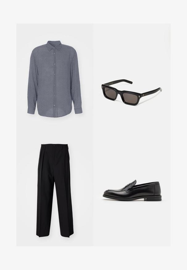 Chemise à boutons bleu marine avec un motif géométrique blanc, manches longues et col classique, offrant une texture lisse et une fermeture à boutons.; Pantalons plissés noirs avec un design droit et large. Fabriqués en tissu lisse, avec une fermeture à bouton et des passants de ceinture.; Mocassins en cuir noir avec une texture lisse, bout rond et une sangle décorative sur le dessus. Talon bas empilé, design minimaliste.; Lunettes de soleil noires rectangulaires avec des verres foncés, monture en plastique épais, accents dorés sur les branches et logo de la marque gravé sur le bras.
