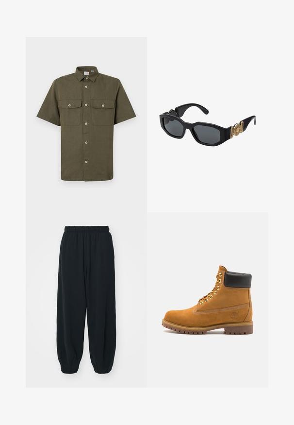 Korte mouwen button-up shirt van olijfgroen stof. Heeft twee borstzakken, een klassieke kraag en een voorknopsluiting met witte knopen.; Witte katoenen t-shirt met lange mouwen, ronde hals, losse pasvorm en ribgebreide manchetten. Eenvoudig ontwerp, geen afbeeldingen of patronen.; Zwarte, elastiche sweatpants met een losse pasvorm, manchetten aan de enkels, een zachte textuur en zonder zichtbare patronen of hardwareaccenten.; Tan suède enkelboot met zwart gevoerd kraagje, gouden metalen oogjes, witte stikdetails en een robuuste rubberen zool met uitgesproken profiel.; Zwarte zonnebril met een stevige geometrische rand, donkere lenzen en gouden metalen accenten op de pootjes, voorzien van een rond embleemdetail.