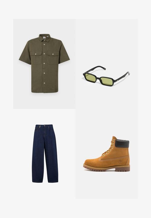 Rövid ujjú, gombos ing olíva zöld anyagból. Két mellzseb, klasszikus gallér és elülső gombos záródás fehér gombokkal jellemzi.; Laza szabású sötétkék farmernadrág magas derékkal, elülső zsebekkel és egyenes lábszárral. Ezüst színű fémrészekkel és minimális varrással rendelkezik.; Barna velúr bokacipő fekete párnázott gallérral, arany fém fűzőlyukakkal, fehér varrási részletekkel és durva gumitalppal, amelynek kifejezett barázdái vannak.; Fekete napszemüveg szögletes kialakítással, zöld árnyalatú lencsékkel és sima műanyag kerettel. Arany díszítésekkel a fülpántokon.