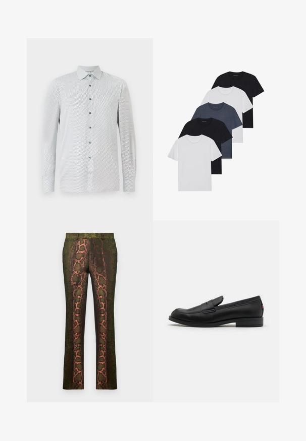 Vit långärmad skjorta med ett litet svart geometriskt mönster, gröna knappar och pekig krage. Regular fit med knäppta manschetter.; Set med fem t-shirts i svart, vitt och marinblått. Bomullslyster, korta ärmar, rund halsdesign och slät struktur utan mönster.; Gröna mönstrade byxor med ett ormmönster i nyanser av brunt och orange, rak skärning och en slät textur.; Svarta läderloafers med en slät finish, rund tå och en liten dekorativ flik. Har en låg staplad klack och subtilt varumärkesdetalj.