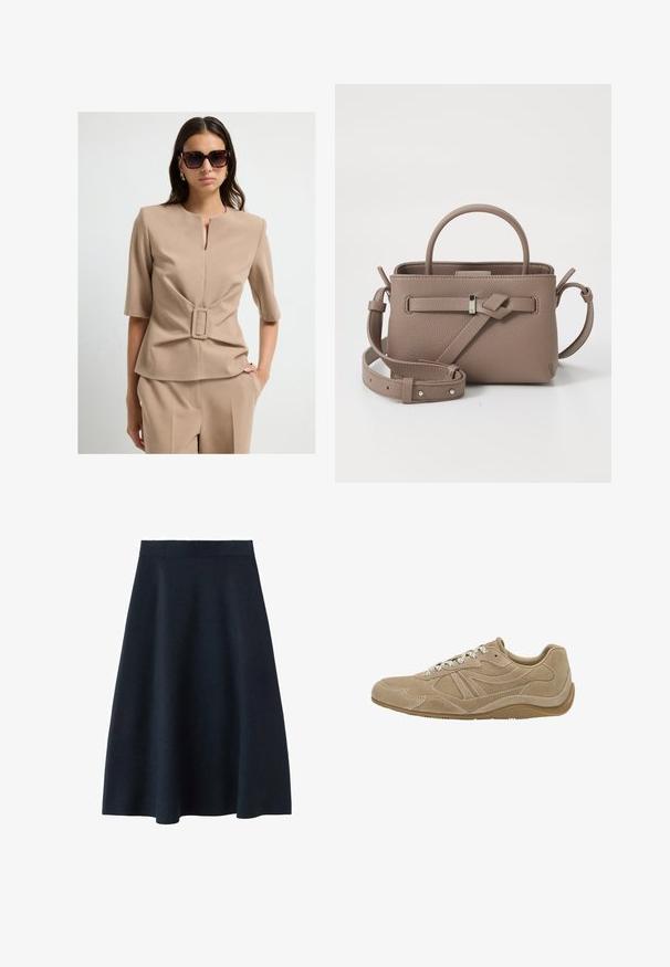 Beige geweven top met korte mouwen, met een vierkante riemaccent op de taille. Zachte textuur en minimalistisch ontwerp.; Een donkerblauwe midi-rok van soepel materiaal, met een nauwsluitende tailleband en een uitlopende vorm, zonder zichtbare patronen of versieringen.; Beige suède sneaker met een laag profiel, gestructureerd oppervlak en witte veters. Heeft een gebogen ontwerp en een rubberen zool voor grip.; Taupe leren handtas met textuur, bovenhandvat, verstelbare schouderband en decoratieve knoopdetail op een witte achtergrond.