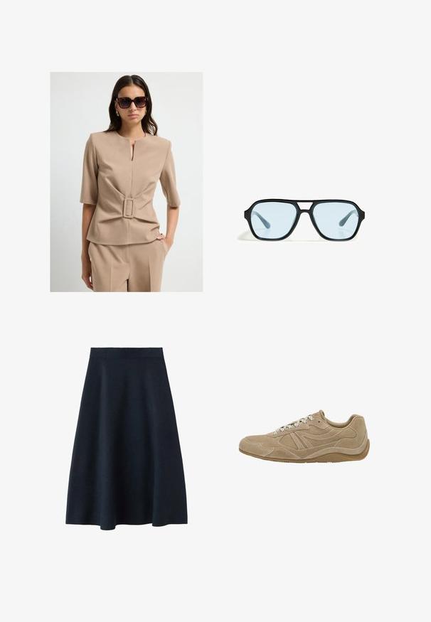 Beige woven top with short sleeves, featuring a square-shaped belt accent at the waist. Soft texture and minimalistic design.; A dark navy midi skirt made from smooth fabric, featuring a fitted waistband and a flared shape, with no visible patterns or embellishments.; Beige suede sneaker with a low profile, textured surface, and white laces. Features a curved design and a rubber sole for grip.; Black sunglasses with rectangular frames, blue-tinted lenses, and a distinctive bridge design. Sleek finish, understated texture.; Taupe textured leather handbag with top handle, adjustable shoulder strap, and decorative knot detail on a clean white background.