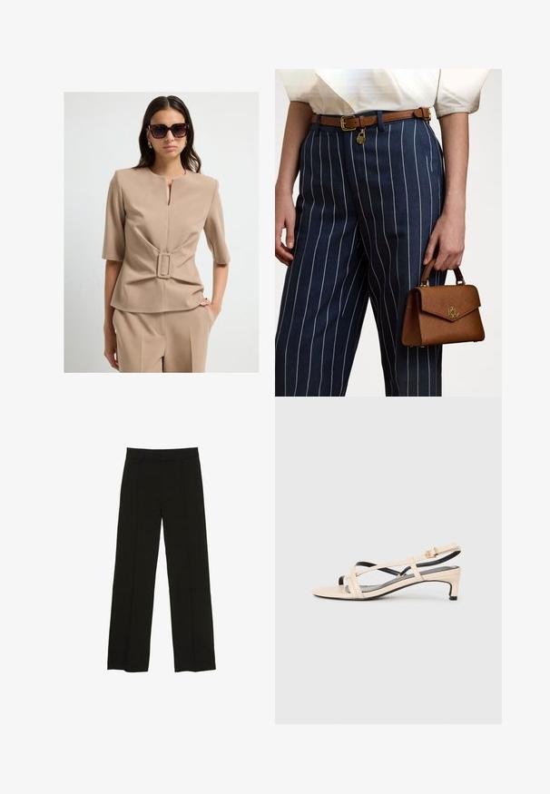 Haut tissé beige à manches courtes, mettant en avant une ceinture carrée au niveau de la taille. Texture douce et design minimaliste.; Pantalons larges noirs en tissu lisse, dotés d'une taille ajustée et de plis avant subtils pour ajouter de la texture.; Sandale à talon bas en cuir beige avec des lanières croisées et des accents noirs. Texture lisse et design minimaliste.; Sac à main marron texturé avec des accessoires en or, tenu à côté d'un pantalon rayé bleu marine avec des lignes verticales blanches. Design simple et structuré.