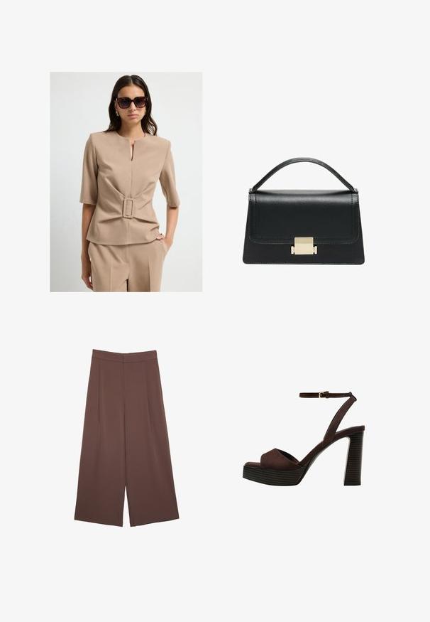 Beige woven top with short sleeves, featuring a square-shaped belt accent at the waist. Soft texture and minimalistic design.; Brown wide-leg trousers with a smooth texture, featuring a high waist and front pleats. The fabric is lightweight and flows loosely.; Brown suede high-heeled sandal with an open toe, adjustable ankle strap, and a striped platform sole.; Black leather handbag with a structured design, top handle, and a gold metal clasp detail on the front. Smooth texture, minimal stitching.