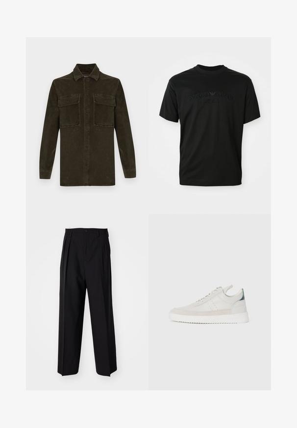 Sötétzöld kordbársony ing hosszú ujjal, gombos elülső résszel és két mellzsebbel. Klasszikus gallérral és bordázott textúrával rendelkezik.; Fekete, rövid ujjú póló kerek nyakkal, az elején a "Emporio Armani Milano" felirattal, finom hímzéssel. Simává textúrájú.; Fekete, pliszírozott nadrág, egyenes, széles lábakkal. Sima anyagból készült, gombos záródással és övhurkokkal rendelkezik.; Fehér bőr sportcipők szürke bársonyos részletekkel, fűzős kivitelben, hátul húzófüllel és texturált gumi talppal, amelyen zikk-zakk minta található.