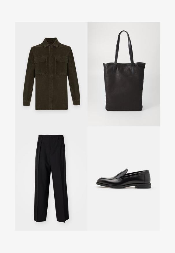 Tumedat rohelised korduroy-särgid pikkade varrukatega, nööpidega ees ja kahe rinna taskuga. Omab klassikalist krae ja ribakestega tekstuuri.; Mustad volditud püksid sirge ja laia säärega disainiga. Valmistatud siledast kangast, millel on nuppudega sulgemine ja vööaasad.; Mustad mustad nahast loafers sileda tekstuuriga, ümarat ninaosa ja dekoratiivne riba vampi üle. Madal kihiline konts, minimalistlik disain.; Mustmust kott mustade nahkade käepidemetega. Lihtne disain, avar keha ja sile tekstuur. Pole nähtavaid logosid ega mustreid.
