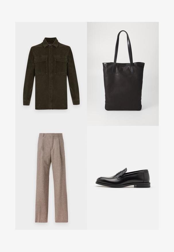 Camicia in corda verde scuro con maniche lunghe, chiusura a bottoni e due tasche sul petto. Presenta un colletto classico e una texture a coste.; Pantaloni marroni a vita alta realizzati in tessuto testurizzato. Presentano gambe ampie e due pieghe frontali per struttura. Rifinitura curata senza hardware visibile.; Mocassini neri in pelle con una texture liscia, punta arrotondata e una striscia decorativa sulla tomaia. Tacco basso impilato, design minimalista.; Borsa tote in tela nera con manici in pelle nera. Design semplice, corpo spazioso e texture liscia. Nessun logo o motivo visibile.