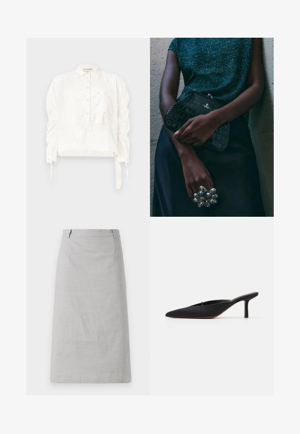 White cropped shirt made of cotton, featuring a button-down front, gathered sleeves, and decorative bead detailing throughout.; Gray pencil skirt with a smooth texture, fitted shape, and a flat waistband, featuring side seams and no visible patterns or accents.; Black pointed-toe mule with a sleek design, made of smooth fabric, featuring a slender heel and open back for easy wear.; Black crocodile-patterned clutch bag with silver hardware, held against a textured gray background. Features a shiny surface.