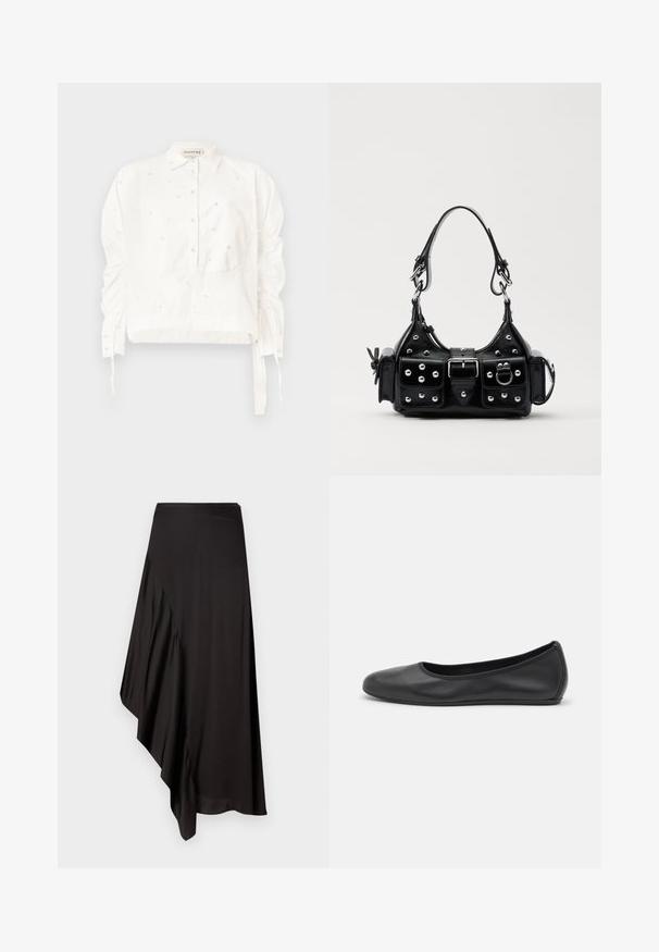 White cropped shirt made of cotton, featuring a button-down front, gathered sleeves, and decorative bead detailing throughout.; AERON ASTER SKIRT - Pencil skirt - black; Black leather ballet flat with a rounded toe, smooth texture, minimal stitching detail, and a flexible sole design.; Black leather handbag with a curved design, featuring silver studs, a buckle, and two side pockets. Adjustable strap for carrying options.