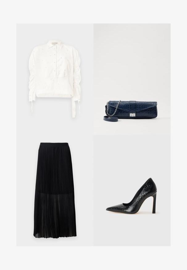 Weißes, kurzes Hemd aus Baumwolle mit durchgehender Knopfleiste, gerafften Ärmeln und dekorativen Perlenverzierungen.; Schwarzer, plissierter Midirock mit einem glatten, elastischen Bund und einer durchsichtigen Überlagerung, die feine vertikale Falten im gesamten Stoff aufweist.; Schwarzer, spitz zulaufender High Heel mit Krokodilleder-Struktur, elegantem Design, hohem Stiletto-Absatz und glattem schwarzen Innenraum.; Marineblaue Leder-Clutch mit Krokodilstruktur, silberner Kettenriemen und metallischem Verschluss. Rechteckige Form mit Umschlagdesign.