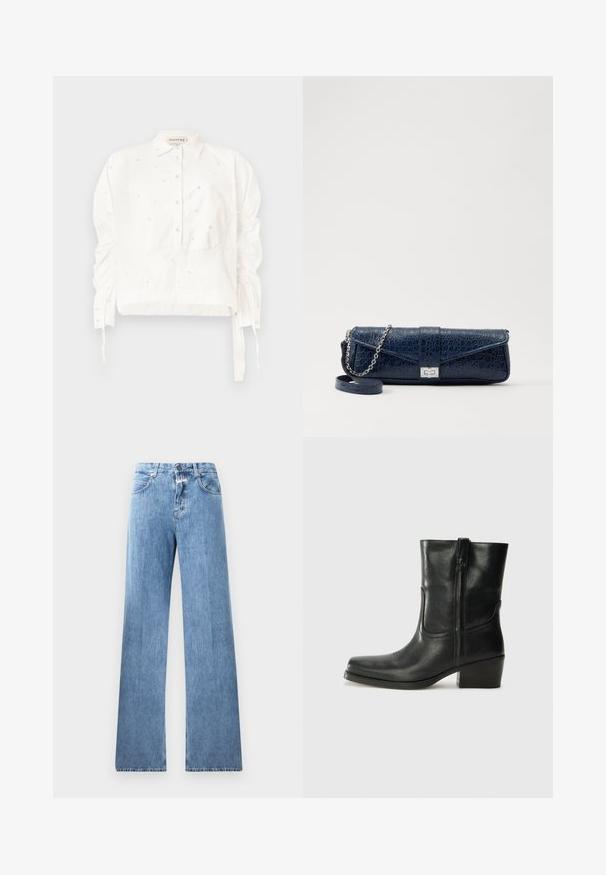 Biely skrátený tričko vyrobené z bavlny, s gombíkovým zapínaním na prednej strane, nariasenými rukávmi a dekoratívnymi detailmi s korálkami.; Svetlo modré denimové džínsy s širokým strihom, piatimi vreckami, pútkami na opasok a zapínaním na gombík. Tkanina má hladkú textúru.; Čierne kožené členkové topánky s okrúhlou špičkou, blokovým podpätkom, bočným zipsom a prešívaním na priehlavku. Hladká textúra, klasický dizajn.; Tmavomodrá kožená kapsička s krokodílovou textúrou, strieborný reťazový popruh a kovová spona. Obdĺžnikový tvar so sklápacím dizajnom.