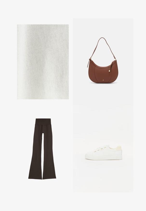 Valkoinen kangas, jossa on hieno, teksturoitu kudonta, esittelee vaaleaa, luonnollista väriä, jossa on hienovaraisia vaihteluita ja pehmeä, herkkä ulkonäkö.; Tummanruskeat leveät leggingsit, joissa on leveä, ribbikuvioitu vyötärönauha. Valmistettu pehmeästä ja joustavasta materiaalista, jossa on saumaton muotoilu ja ilman näkyviä kiinnikkeitä.; Valkoiset lenkkarit, joissa on canvas-päällinen, pyöreä varvas ja litteä kumipohja. Varustettu kultaisilla metallirei'illä ja vaaleanbeigellä kantakappaleella.; Ruskea keinonahkainen olkalaukku, jossa on kaareva muoto, minimaalinen ompelu ja kultasävyinen varuste. Varustettu ylhäältä avautuvalla vetoketjullisella suljennalla ja säädettävällä hihnalla.