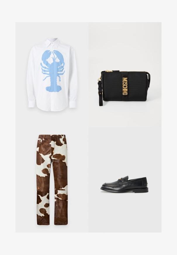 Cămașă albă cu mâneci lungi, care prezintă un grafic mare cu un homar albastru pe față. Cămașa are un guler clasic și manșete cu nasturi.; Pantaloni cu imprimeu de vacă într-o combinație de maro și bej. Caracteristici de croială lejeră, material denim rezistent și un design clasic cu cinci buzunare.; Loafers din piele neagră au un vârf rotunjit, detalii cusute și un mic accent auriu în față. Talpa este plată și discretă.; Clutch din nailon negru cu accesorii aurii, având o bandă centrală cu logo. Include o curea detașabilă și închidere cu fermoar pentru o utilizare în siguranță.