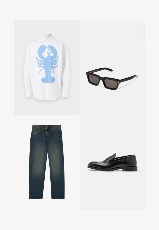 Biała koszula z długim rękawem z dużym niebieskim grafikiem homara na przedzie. Koszula ma klasyczny kołnierzyk i mankiety zapinane na guziki.; Granatowe dżinsy z prostym krojem, pięcioma kieszeniami i lekko wyblakłą teksturą na nogawkach. Idealne na codzienne wyjścia.; Czarne skórzane mokasyny o gładkiej fakturze, zaokrąglonym nosku i dekoracyjnym pasku na przodzie. Niski, warstwowy obcas, minimalistyczny design.; Czarne prostokątne okulary przeciwsłoneczne z ciemnymi soczewkami, grubą plastikową oprawą, złotymi akcentami na zausznikach oraz wygrawerowanym logo marki na ramieniu.