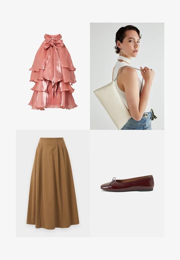 Vestido rosa claro hecho de una tela brillante, que presenta un diseño de volantes en capas, cuello alto y un gran lazo en el cuello.; Falda de algodón marrón en corte A con una cintura alta, que presenta plisados en la parte frontal y una textura suave. Los acabados del dobladillo son limpios y simples.; Bailarina de charol burdeos con punta redonda, pequeño lazo en la parte frontal y una suela baja de goma negra. Textura suave.; Bolso de mano rectangular blanco, hecho de un material brillante, con una cadena plateada. La modelo posa, mostrando el bolso frente a un fondo liso.
