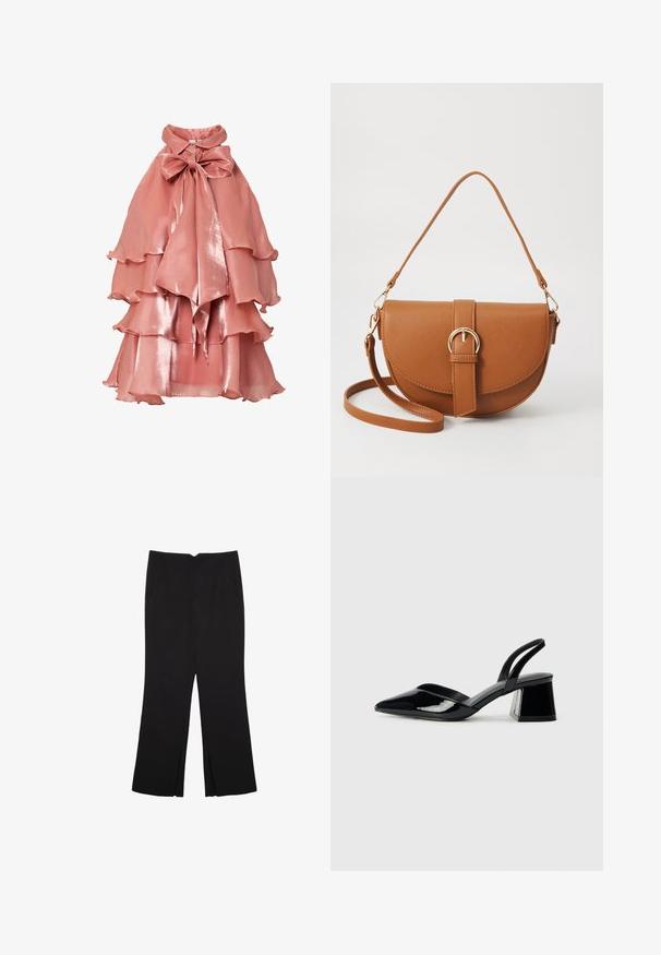Vaaleanpunainen mekko, joka on valmistettu kiiltävästä kankaasta, ja siinä on kerroksellinen volyymisuunnittelu, korkea kaulus ja iso nauha kaulassa.; Mustat housut suoralinjaisella leikkauksella, joissa on etutaskut ja sivurei'ät helman alla. Valmistettu pehmeästä ja sileästä kankaasta. Sopii eri tilaisuuksiin.; Mustat patentoitu nahkakengät, joissa on säären takaosa ja terävä kärki, sekä geometrinen palikkakorko. Sisältää tyylikkään, minimalistisen muotoilun ja sileän pinnan.; Ruskean nahkainen olkalaukku, jossa on kaareva muoto, kultaiset yksityiskohdat ja solkiyksityiskohta. Varustettu irrotettavalla olkahihnalla.