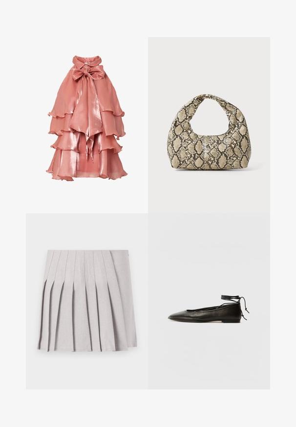 Rózsaszín ruha fényes anyagból, réteges fodros kialakítással, magas gallérral és nagy masnival a nyakban.; Szürke pliszírozott szoknya sima textúrával, több függőleges redővel és testre simuló derékkal. Könnyű anyagból készült.; Fekete bőr balettcipők hegyes orral, bokakötővel és lapos talppal, sima textúrával és minimalista dizájnnal.; Kígyómintás kézitáska ívelt fogantyúval. Texturált, bézs és barna anyagból készült, jellegzetes gyémántmintával.