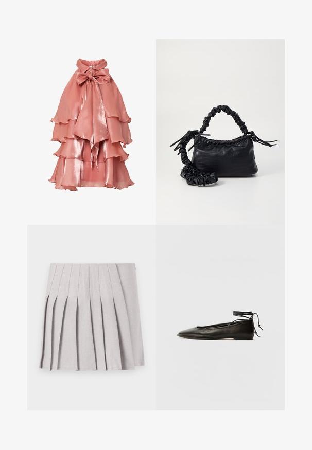Ružovo-pink šaty z lesklého materiálu, s vrstveným volánkovým dizajnom, vysokým golierom a veľkou mašľou na krku.; Sivá plisovaná sukňa s hladkým povrchom, s viacerými vertikálnymi skladmi a priliehavým pásom. Vyrobená z ľahkého materiálu.; Čierne kožené baletky s špicatou špičkou, viazaním okolo členka a plochou podrážkou, s hladkou textúrou a minimalistickým dizajnom.; Čierna umelá kožená kabelka s kroko vzorom, sťahovaným vrchom a zhnutým popruhom. Vyzerá mäkko a kompaktné v dizajne.