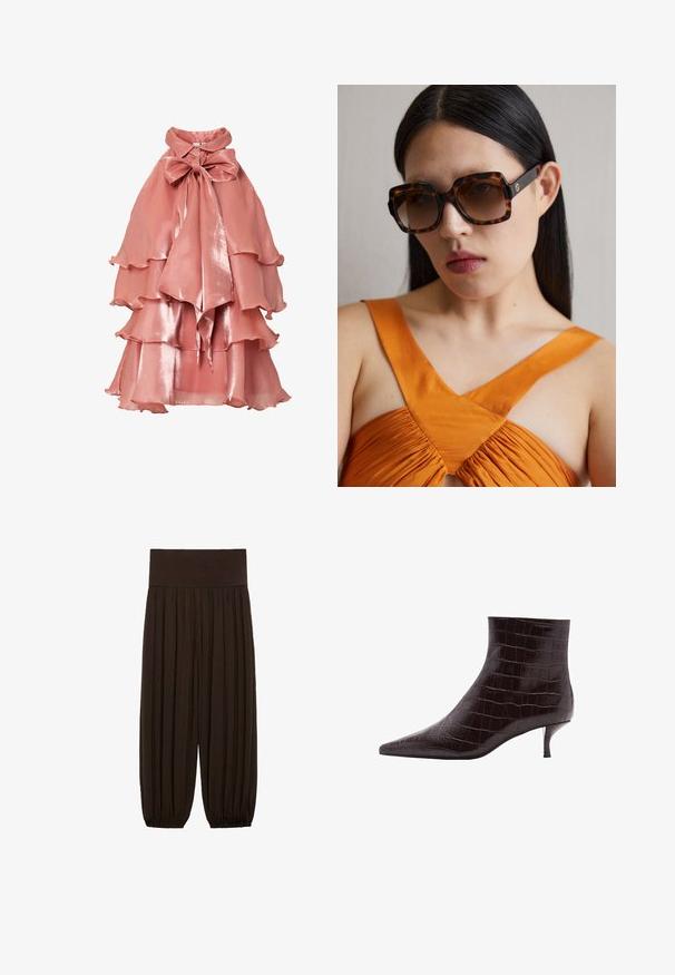 Rosé pink jurk gemaakt van glanzende stof, met een gelaagde ruchesontwerp, hoge kraag en grote strik bij de hals.; Bruine geplooide broek met een brede, elastische tailleband. De stof is lichtgewicht en gestructureerd, met gatherse randen bij de boorden.; Zwarte leren enkellaarsjes met krokodillenembossing, een spitse neus en een korte, dunne hak. Glad oppervlak met een uitgesproken patroon en een strak ontwerp.; Bruine schildpadoversized zonnebril met een brede rechthoekige rand en gradient lenzen. Gouden logo-detail aan de zijkant.; Bruine suède schoudertas met een driehoekig ontwerp, verlengde schouderbanden en een grote open bovenkant met een uitgesneden handgreep detail.